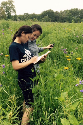 Two students--one holding a clipboard and one holding a camera--documenting pollinators in Biocore Prairie.