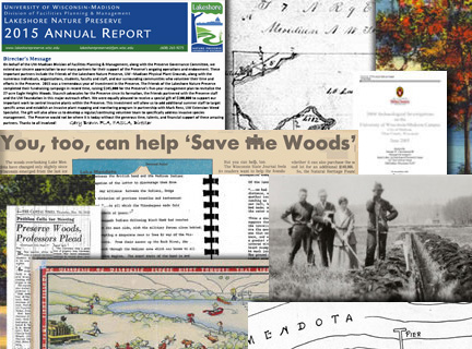 A collage of Lakeshore Nature Preserve related documents, photos, and maps.